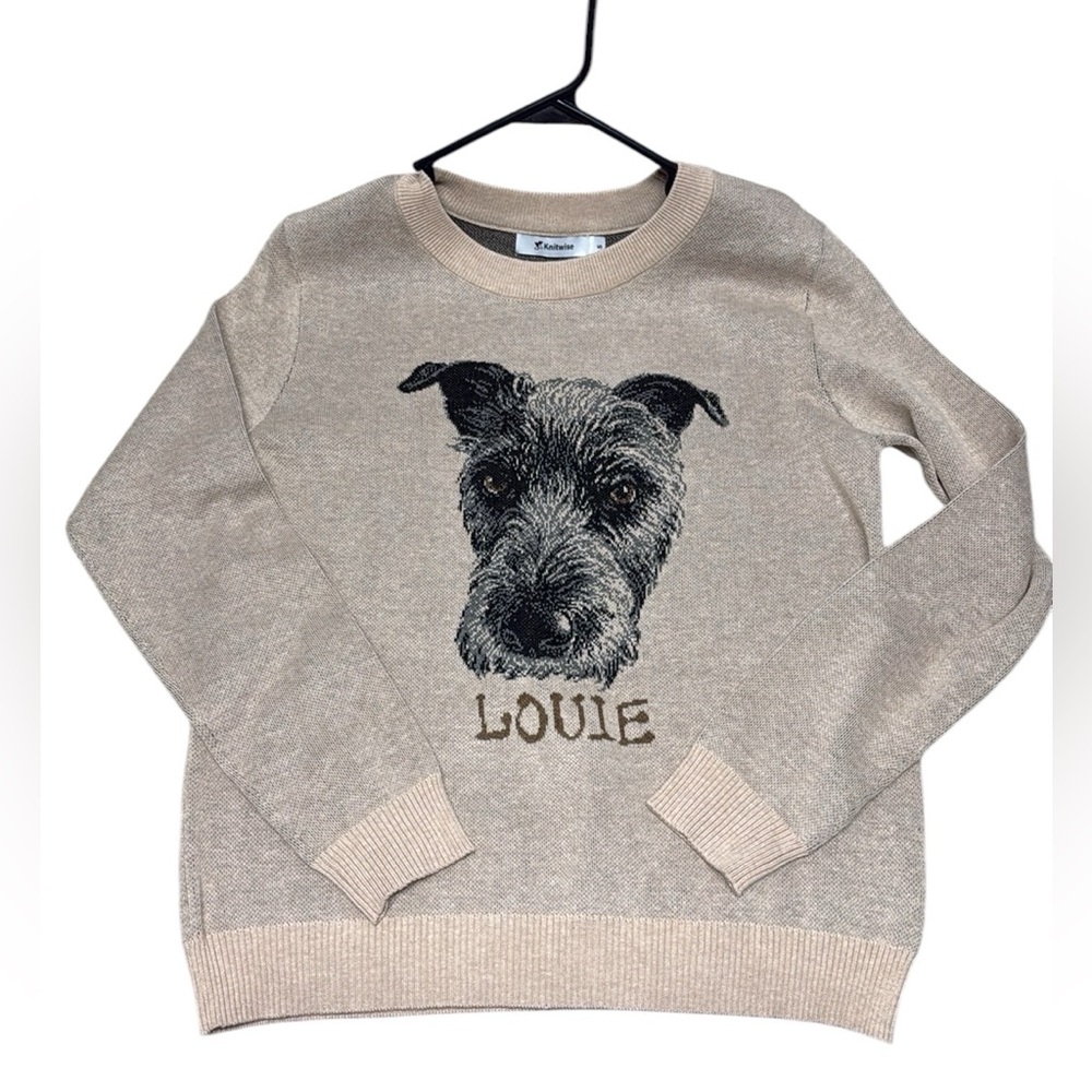 Knitwise terrier dog “Louie” tan knit scoop neck sweater size small